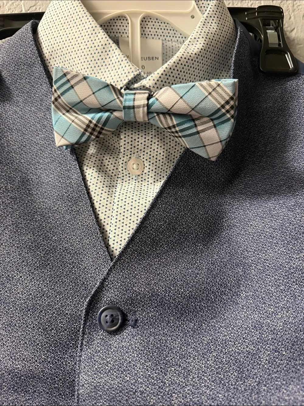 Boys Navy Vest Suit Set with Light Blue Shirt and Plaid Bow Tie